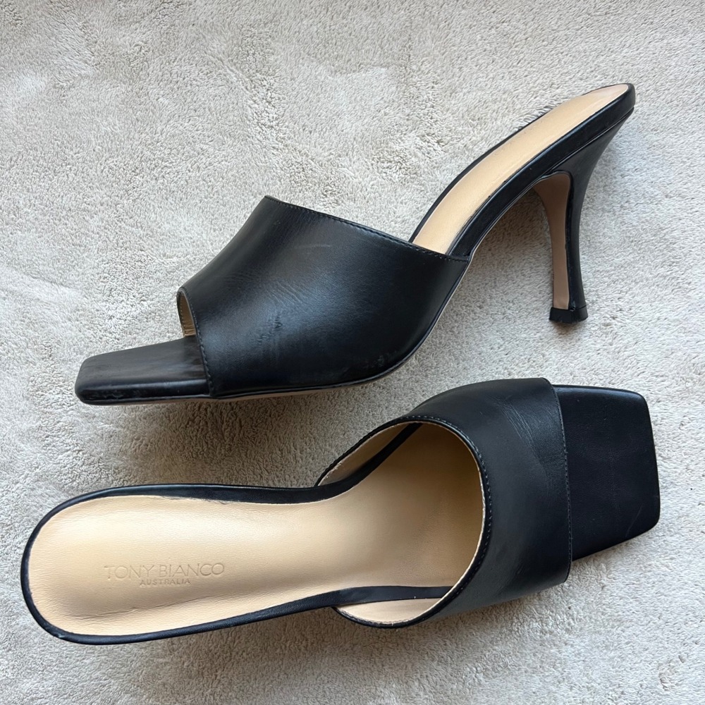 Tony Bianco Women 9  Black Leather Square Toe Mules High Heel Slide Sandals